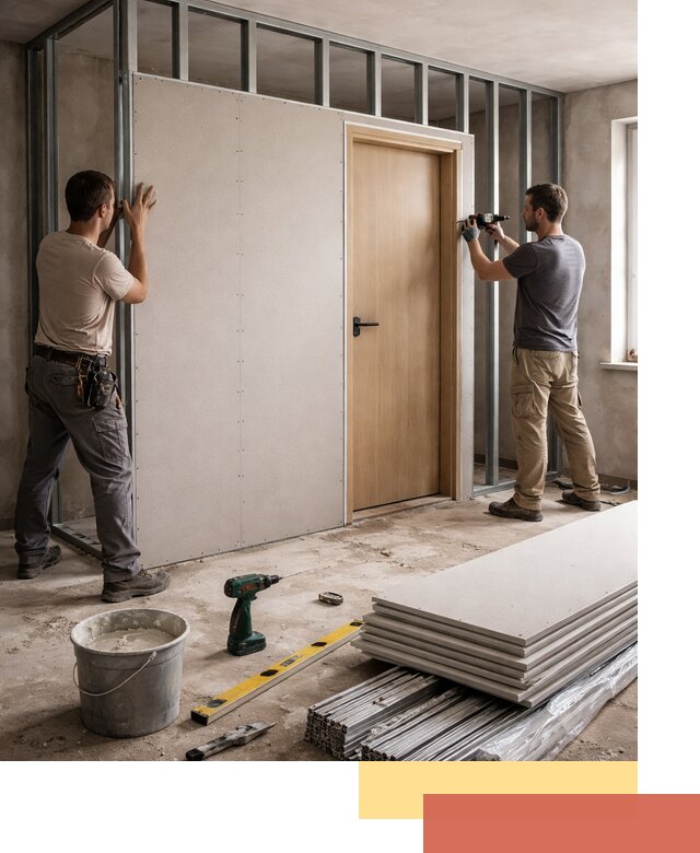 Перегородка из гипсокартона с дверью под ключ в Лянторе