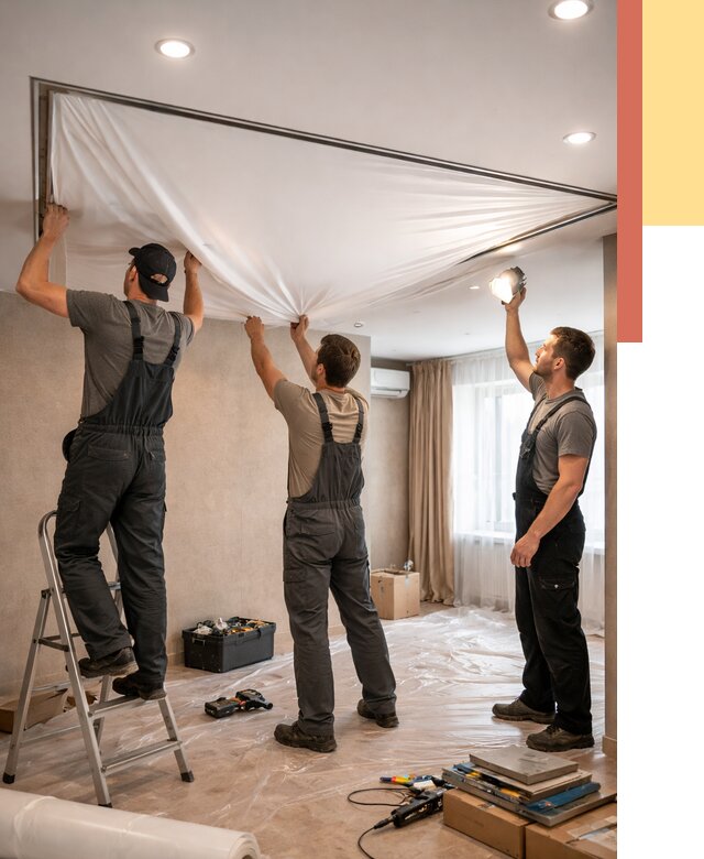 Монтаж ПВХ натяжного потолка в Лянторе от 3583 руб. под ключ | ОТДЕЛОЧНИК-Лнт