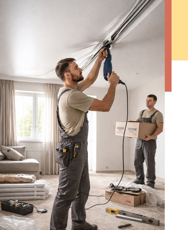 Монтаж сатинового натяжного потолка в Лянторе от 3583 руб. | Быстро, недорого — ОТДЕЛОЧНИК-Лнт