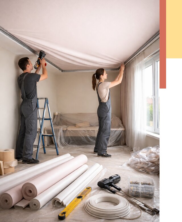 Монтаж цветного натяжного потолка в Лянторе от 4300 руб/м² — быстро и недорого | ОТДЕЛОЧНИК-Лнт