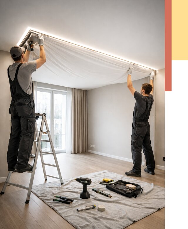 Монтаж парящего натяжного потолка в Лянторе от 4607 руб. быстро и недорого | ОТДЕЛОЧНИК-Лнт