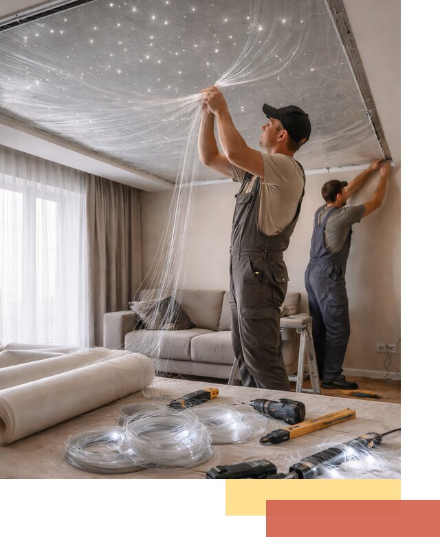 Монтаж натяжного потолка «Звездное небо» в Лянторе