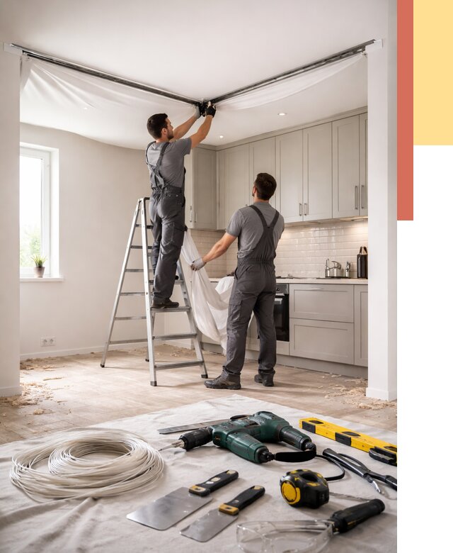 Установка натяжного потолка на кухне в Лянторе от 2457 руб. | ОТДЕЛОЧНИК-Лнт