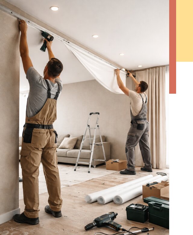 Монтаж натяжного потолка в гостиной в Лянторе от 563 руб. | ОТДЕЛОЧНИК-Лнт